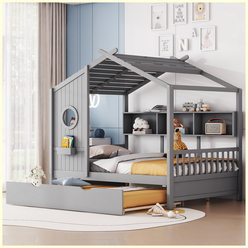 Lit moderne en bois avec lit gigogne et rangement, Gris, Double