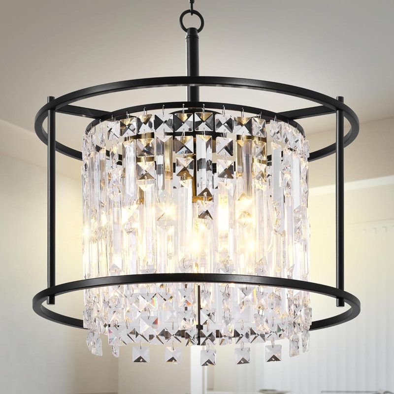 Lustre moderne en cristal noir avec hauteur réglable, luminaire suspendu tambour réglable pour salle à manger, îlot de cuisine, salon, entrée et couloir