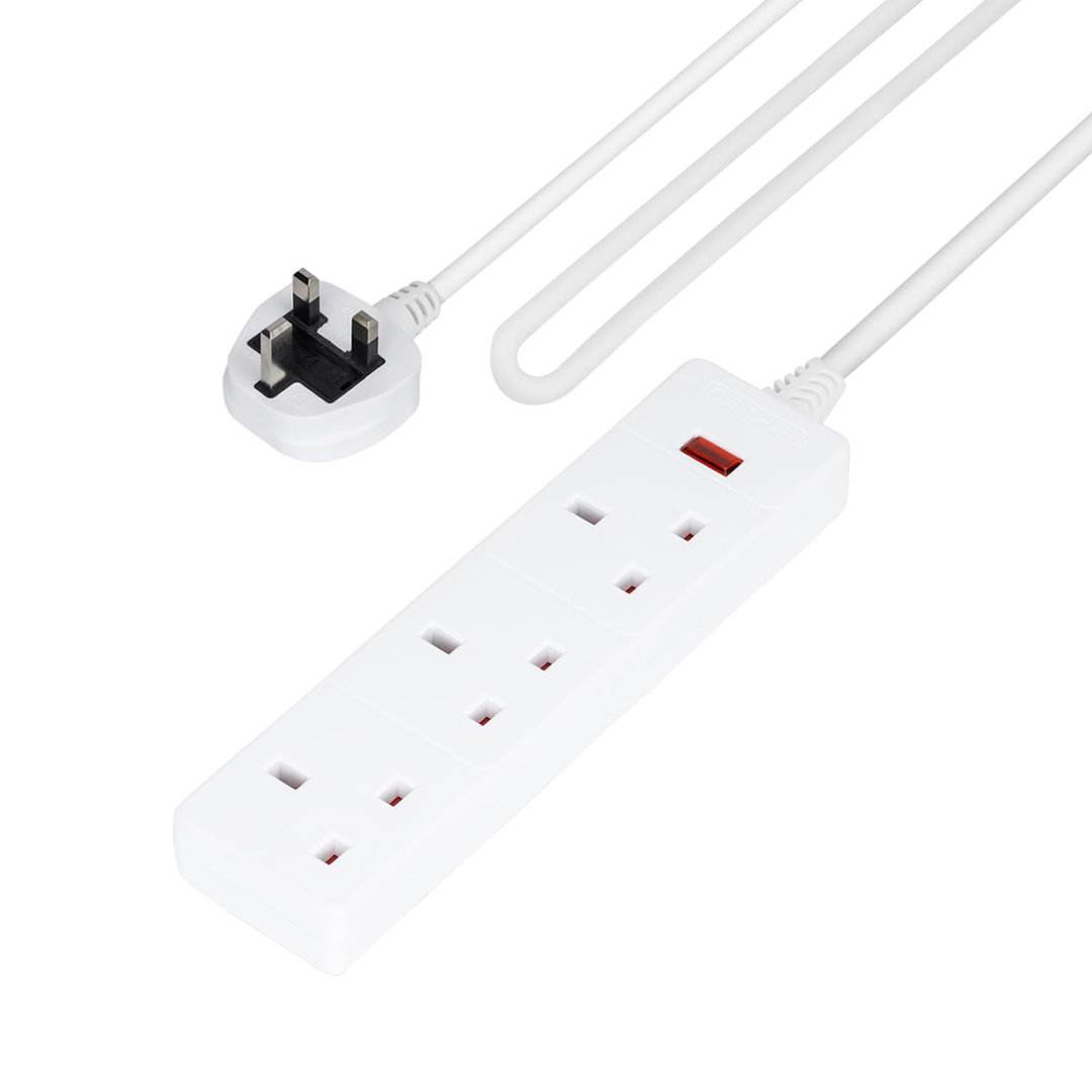 GEEPAS 3 Gang Extension Lead, 1M Cable | 3-Way Plug Extension Cable With Neon Indicator Light | Wall Mountable & Multi Socket Mains Strip For Home Bed