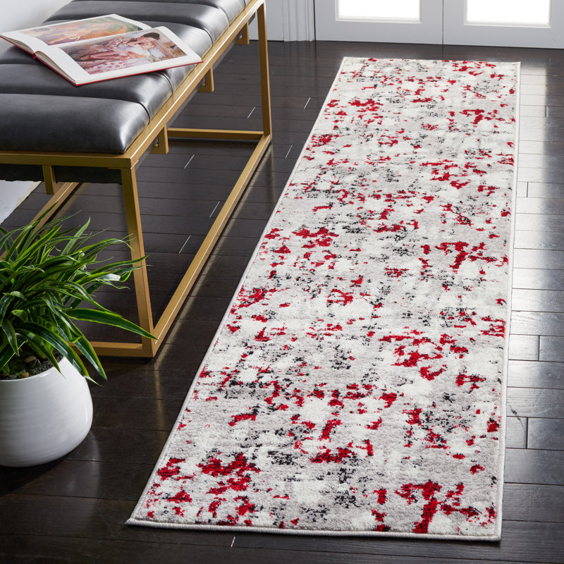 Tapis gris / rouge / blanc à motif abstrait Mascia, Tapis de couloir 2 pi x 8 pi