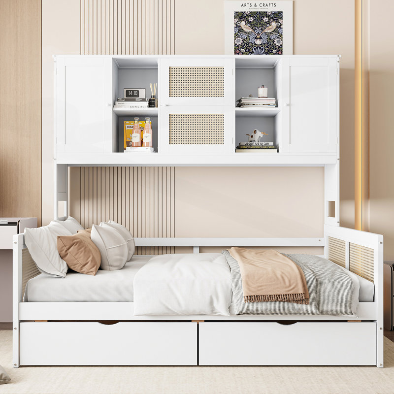 Wooden Daybed With All-in-One Cabinet and Shelf, White, Twin