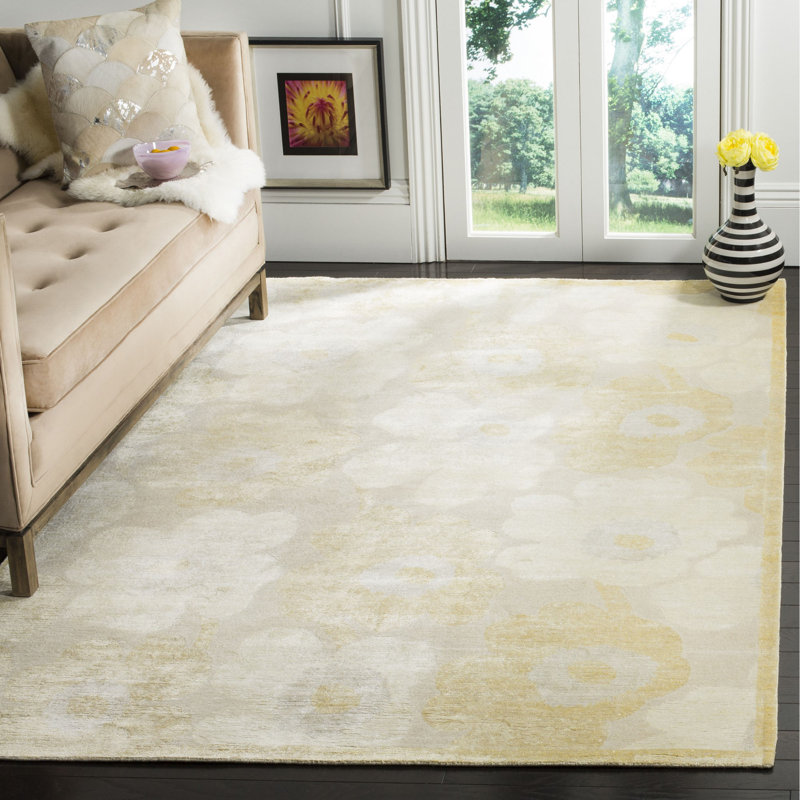 Tapis floral crème / jaune en laine / coton noué à la main Savorey, Rectangle 8 pi x 10 pi