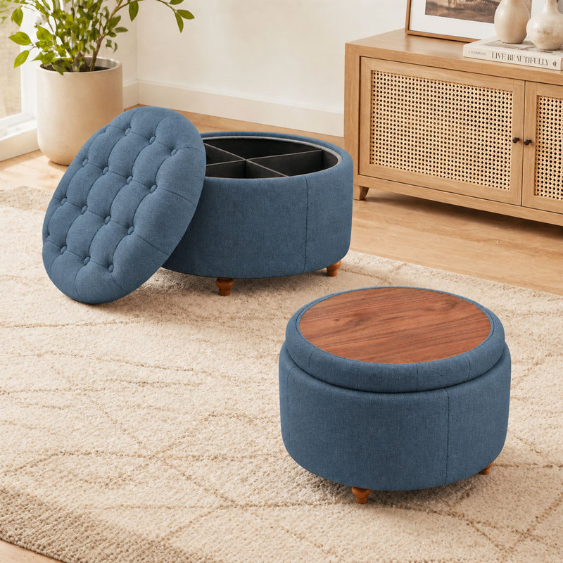 Repose-pieds rembourré avec rangement et coussin capitonné, Bleu