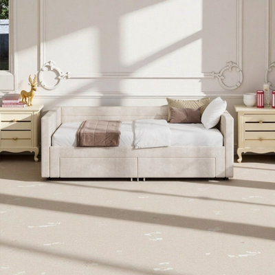Twin to King Extendable Daybed with Trundle, Upholstered Sofa Bed with Storage Drawers