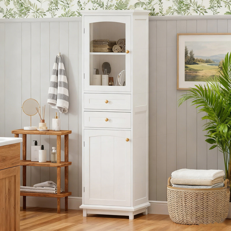 63-Inch Tall Bransford Cabinet With Glass Doors, Adjustable Shelves, And Two Drawers For Elegant Display And Organization.