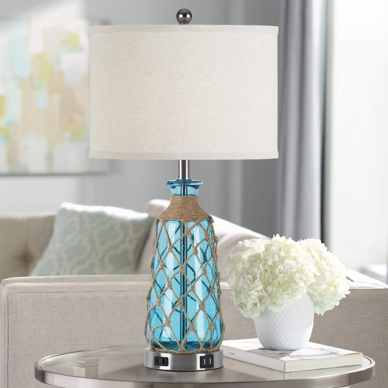 Turquoise Blue Bubble Glass Table Lamps with Beige Linen Shade, Set of 2