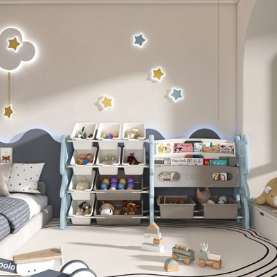 Organisateur de rangement de jouets, organisateur de jouets avec bibliothèque à 2 niveaux, rangement de jouets avec tablette et 12 bacs à jouets, bibliothèque et rangement de jouets pour salle de jeux, chambre, salle de classe
