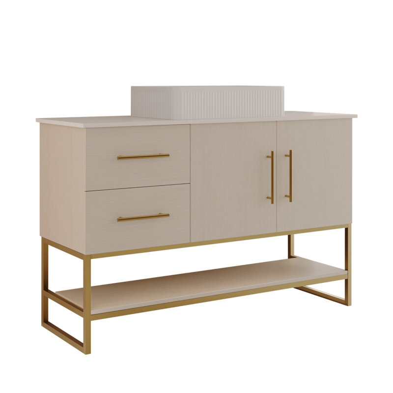 Meuble-lavabo moderne autoportant de 47,2 po avec comptoir en céramique et accents dorés, blanc
