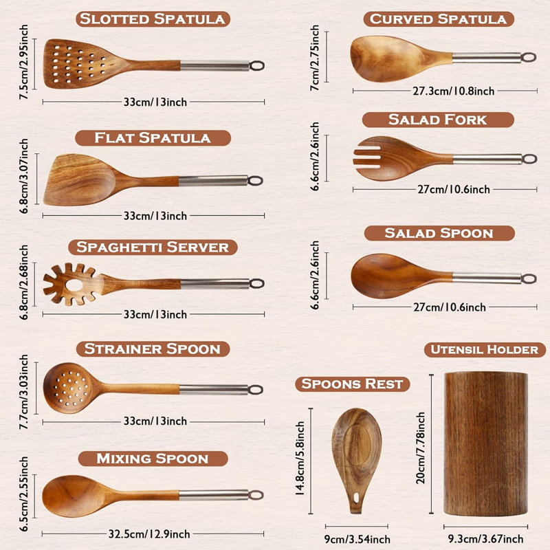Ensemble d'ustensiles de cuisine en bois 10 pièces, antiadhésif, écologique