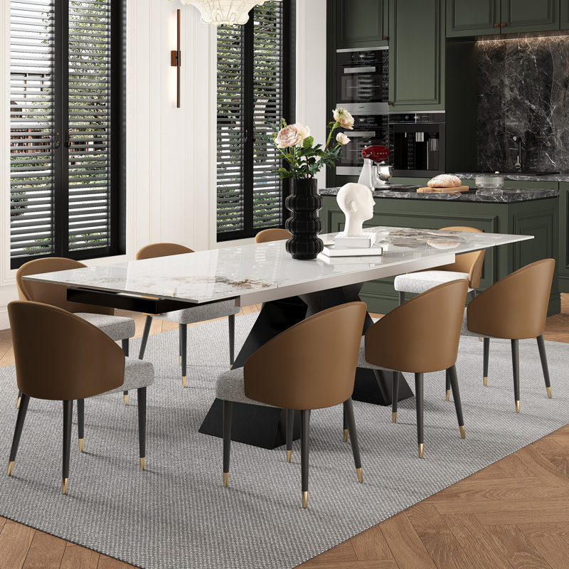 9 - Piece Faux Marble Dining Table Set with 110” Rectangular Extendable Sintered Stone Top 8 Leather Chairs, Chanel, Orange