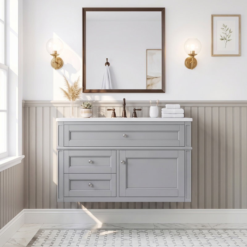 Meuble-lavabo mural en bois aggloméré de 36 po avec miroir à fermeture en douceur intégré en céramique brillante de 36 po avec tiroirs et lavabo simple en céramique à 3 trous