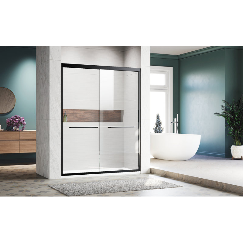 Sliding Shower Glass Door, Adjustable Semi Frameless Shower Door with  304 Stainless Steel Handles, Black