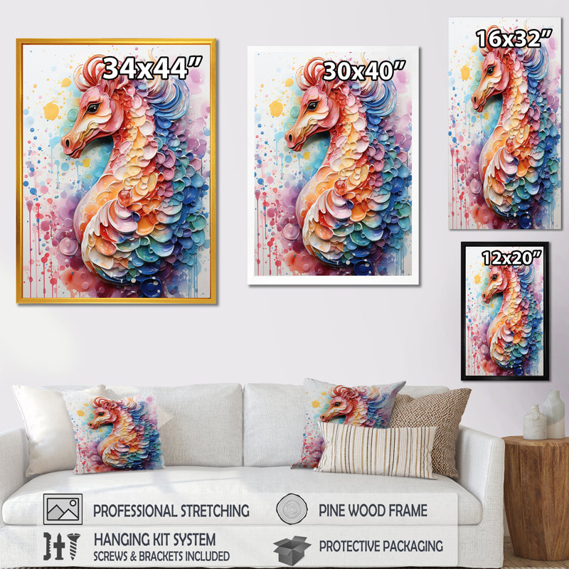 Hippocampe rose, élégance océanique - Hippocampe, art mural, Cadre flottant brun, H 44 po x l 34 po x P 1,5 po