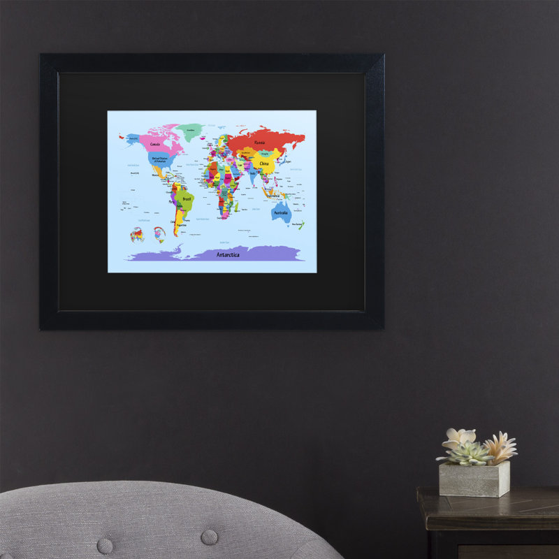 « childrens world map », art encadré, Noir, H 16 po x l 20 po x P 0,5 po