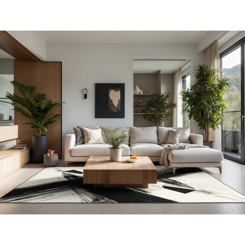 Soft Plush Ebbert Eclectic Geometric Area Rug in Beige – Black Binding, 7x9