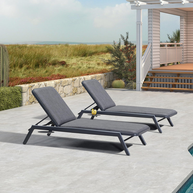 Aluminum Pool Side Sun Lounges Adjustable Reclining Patio Set Pack Of 2 With Cushion, Gray Cushion/Gray Frame