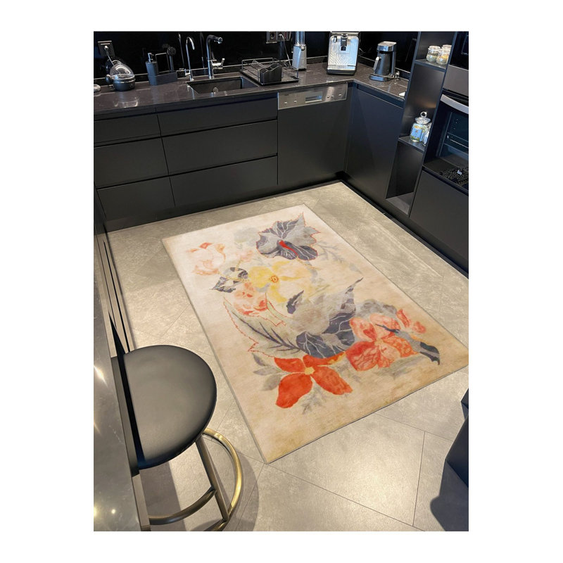 Tapis décoratif abstrait à motif floral abstrait lavable à la machine, Rectangle 2 pi 6 po x 4 pi 11 po