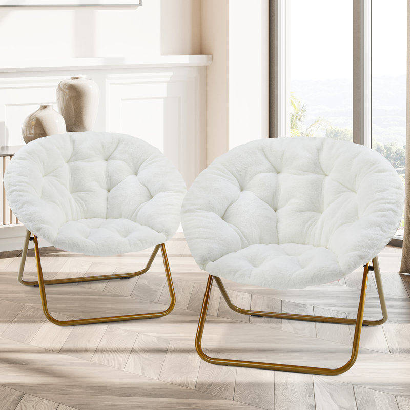 Saucer Chair, Folding Faux Fur Lounge Reading Chairs, White Faux Fur