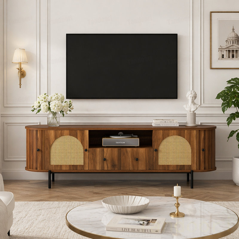 Meuble télé de style américain avec portes arquées en rotin, tiroirs, rangement dissimulé, pieds en acier, coins arrondis