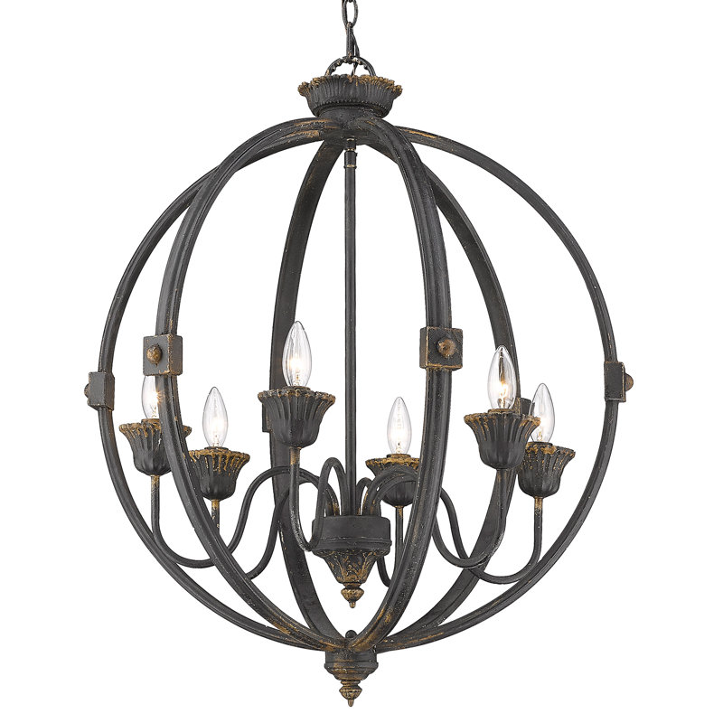 Lustre en forme de globe à 6 lumières de style bougie, Fer noir antique