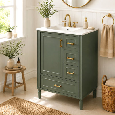 24" Modern Bathroom Vanity with Ceramic Sink, Soft-Close Door, 3 Drawers, Gold Handles, and Door-Mounted Rack