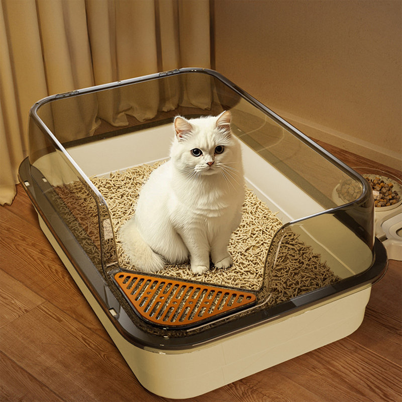 Litière semi-fermée pour chat avec côtés hauts et pelle, 17,7 x 11,8 x 6,6 pouces, jaune, Jaune