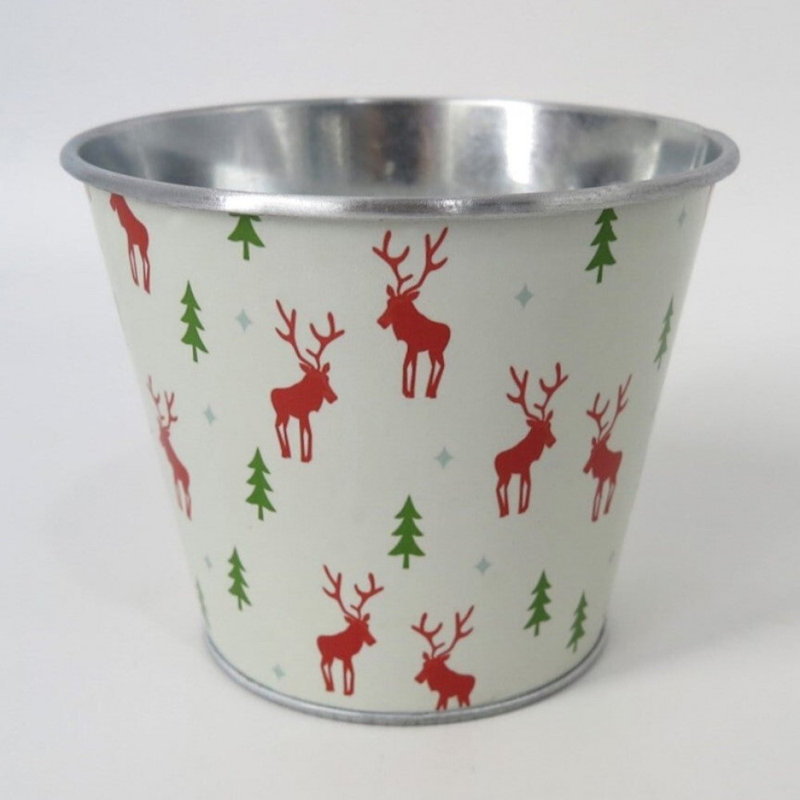 Boîte à fleurs blanche en métal avec renne et arbres, H 4,25 po x l 5 po x P 5 po