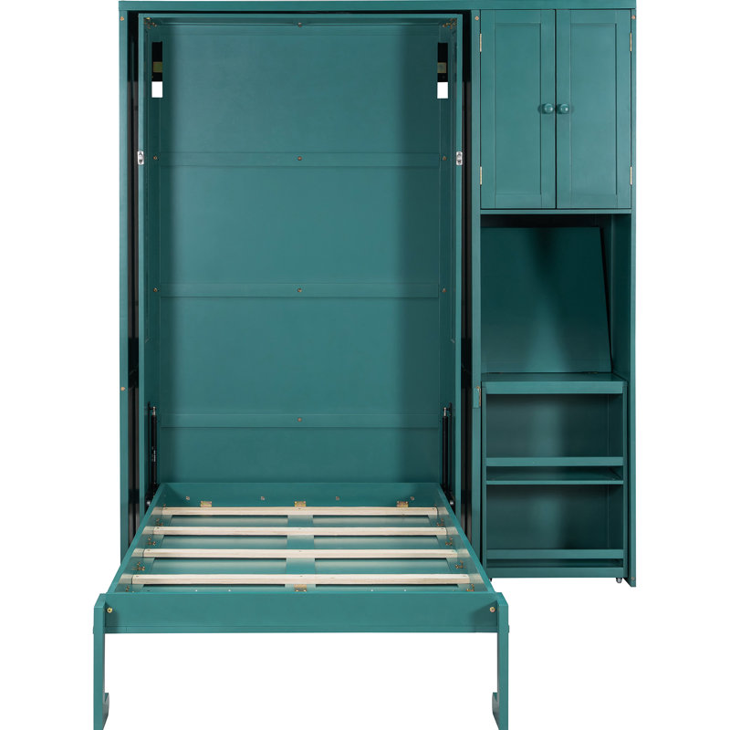 Lit simple bleu sarcelle avec 180 tours pivotantes, étagère peu encombrante, bureau escamotable et unité de rangement supplémentaire avec mur tournant avec bibliothèque intégrée, surface supérieure et tablette de table de travail pliable