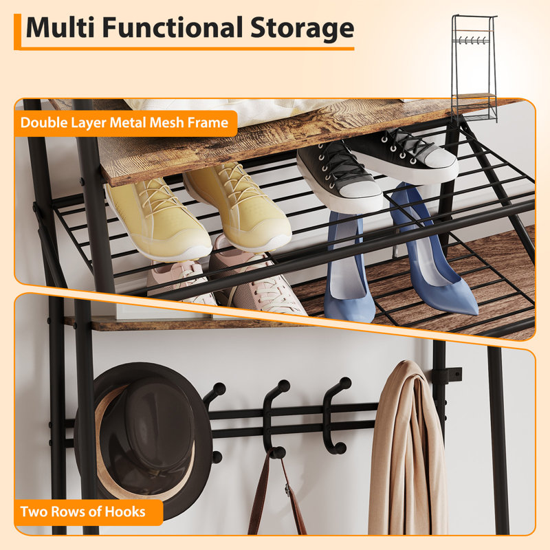 Entryway Shoe Storage With Coat Rack, Black/Brown
