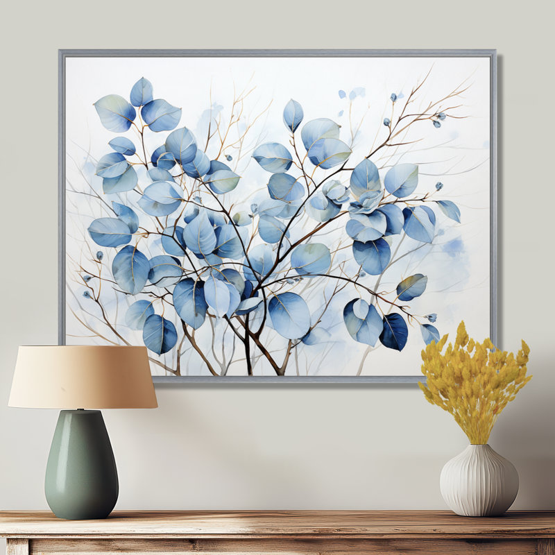 Art mural bleu et gris avec feuilles sur une branche III - feuilles, H 34 po x l 44 po x P 1,5 po, Encadrement argenté