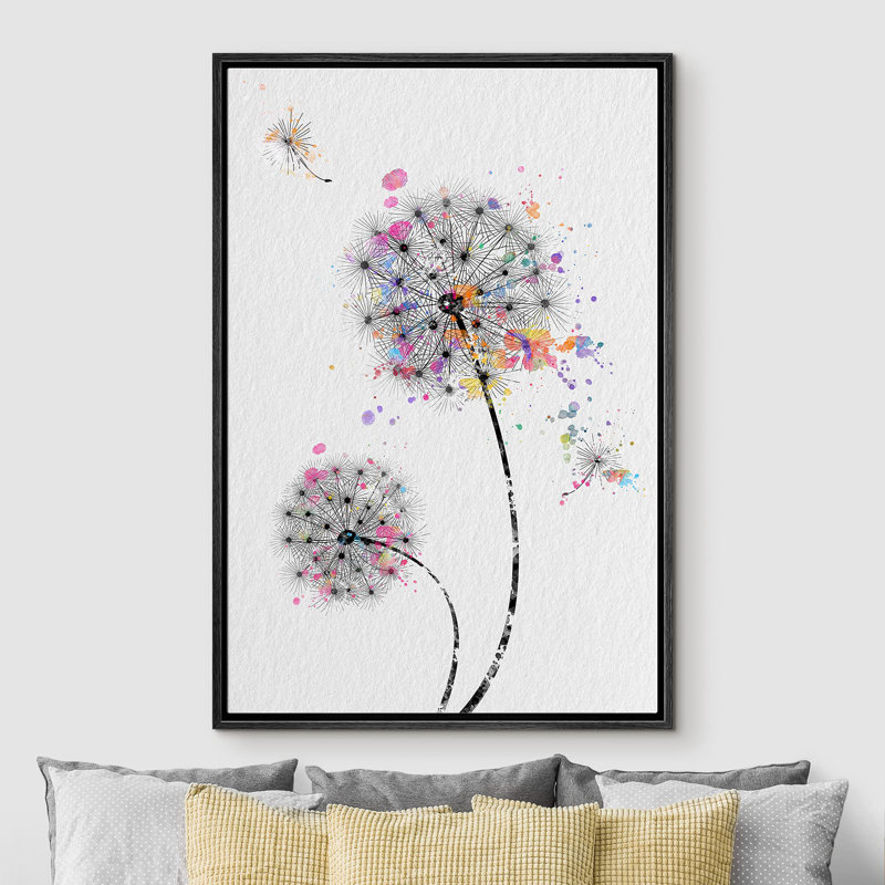 Dandelions with Multicolor Paint Dots Plants Illustrations Minimalism Rustic Living Room Decor, Black, 24" H x 16" W