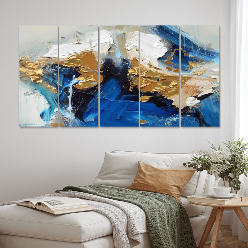 Indigo Awakening abstrait en bleu et or II - reproduction d'art sur toile abstraite - 5 panneaux égaux