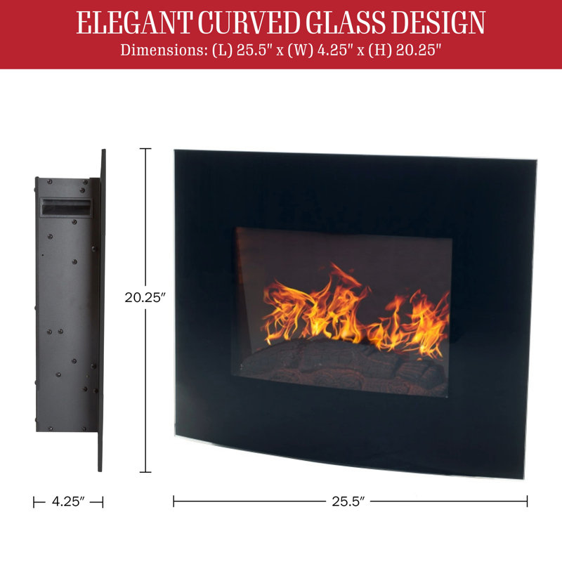 Ebern Designs 25.5-Inch Wall Mounted Electric Fireplace - Curved Glass Heater with Log Fuel Effect, Adjustable Flames, and Remote Control