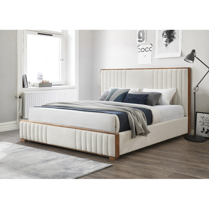 Kaleea Light Gray Chenille and Walnut Queen Bed