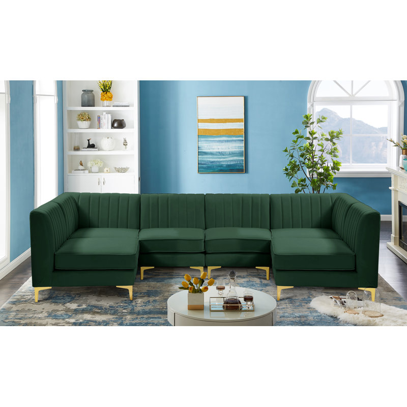 Enson Velvet U-Shaped Sectional Reversible, Green Velvet