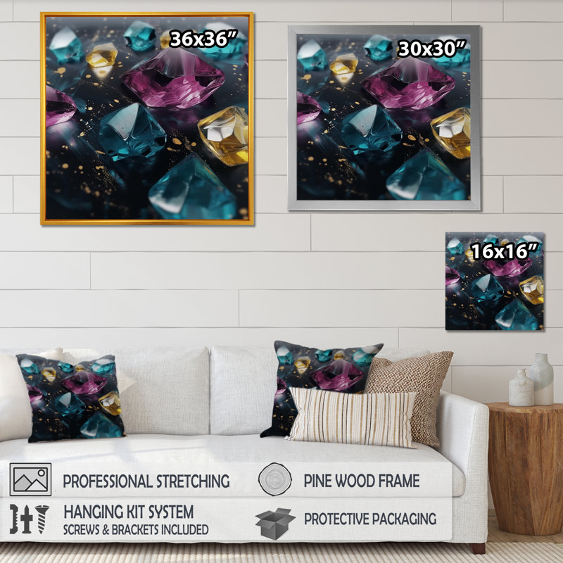«Liddle», impressions sur toile mauves et vertes, H 16 po x l 16 po x P 1 po, Encadrement doré