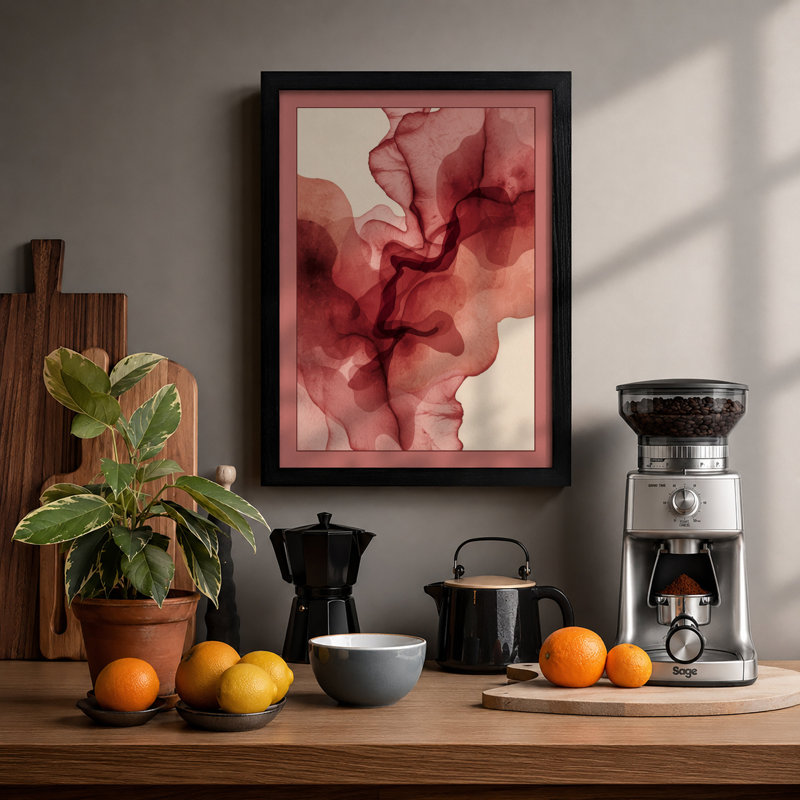 Crimson Flow Abstract - Framed Print, A4 - 29.7 x 21.0 cm, Black