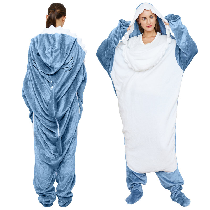 Combinaison-sweat à capuchon requin pour adultes et enfants, sac de couchage requin en flanelle confortable pour les tailles 47''-50''