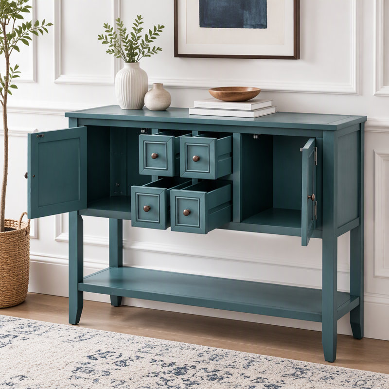 Console de rangement rétro avec quatre petits tiroirs et une tablette inférieure, Bleu très foncé