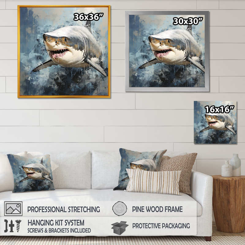 Ombre de requin gris II - art mural animaux côtiers, Cadre photo noir, H 16 po x l 16 po x P 1 po