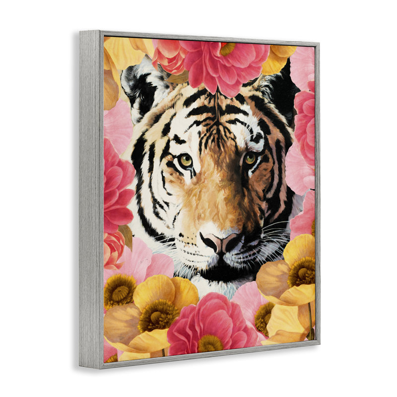 «Tiger on Dahlia Florals», art de la giclée encadrée par Vivien Rhyan, Estampe numérique Farmhouse, H 20 po x l 16 po