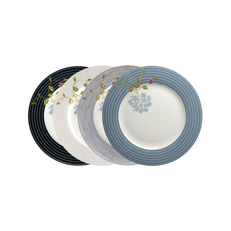 White Round Porcelain Dinner Plates Set, Service for 4