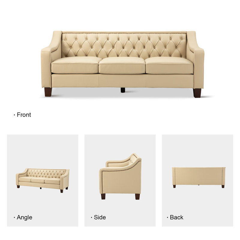 Bethea 81.28" Genuine Leather 3-Seat Sofa with Tufted Back, Beige Genuine Leather