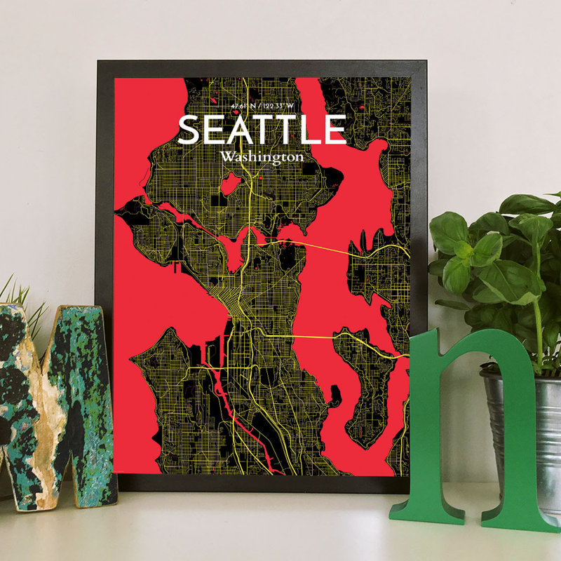 « seattle city map », reproduction d’impression sur affiche en contraste, H 27,6 po x l 19,7 po x P 0,05 po