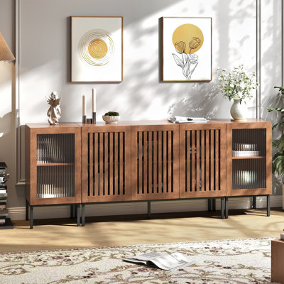 Meuble télé pour téléviseur de 85 po ou moins, meuble télé 3 en 1 avec armoires de rangement et portes en verre, console média pour le salon