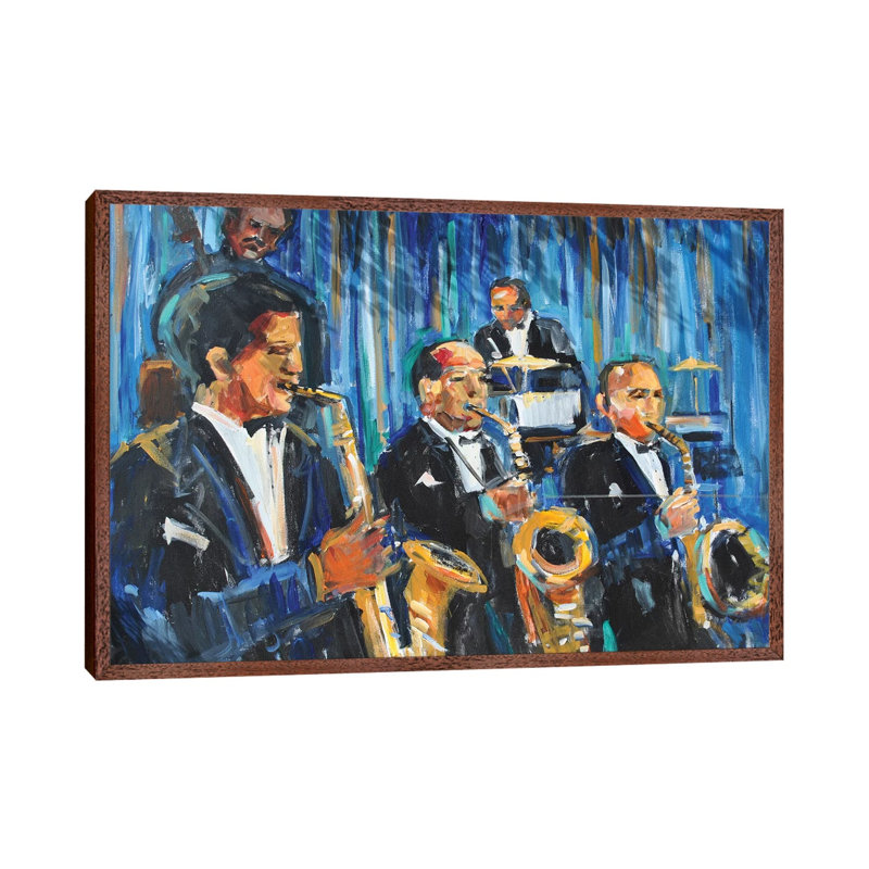 Horn Section by Allayn Stevens - Painting on Canvas, 45.72cm H x 66.04cm W x 3.81cm D, Classic Brown Wood Framed