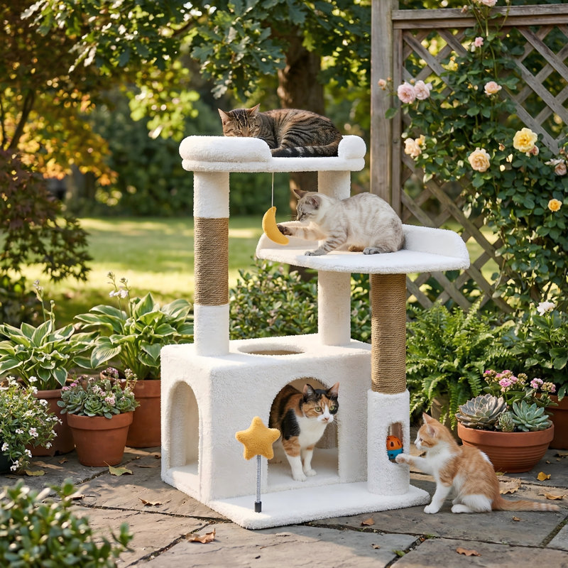 Tour pour chat 32 po pour chats d'intérieur, maisonnette pour chat, plateforme moelleuse, hamac, poteaux à griffer en sisal, boule pendante, brosse autoportante, beige