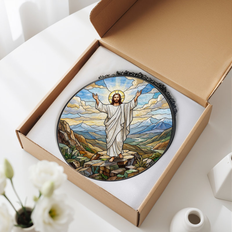 Jesus Christ Stained Glass Window Panel，7.8H, 7.8"H