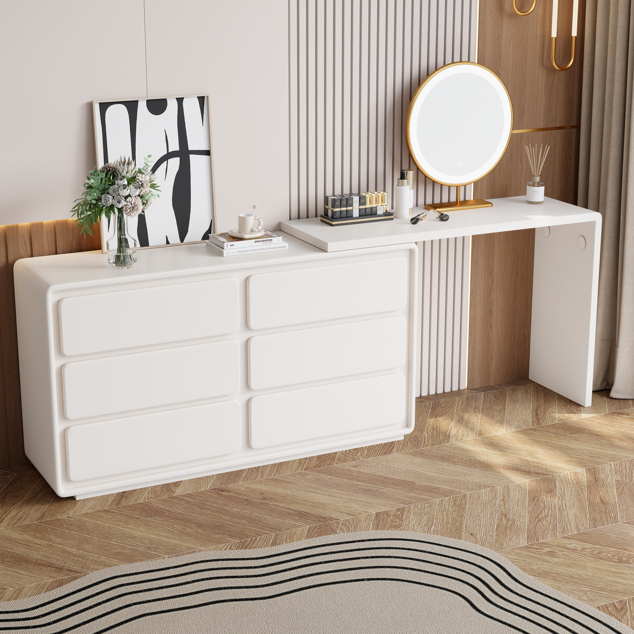 Ivy Bronx Harveylee Modern Home Office Expandable Dresser Desk Combo With Storage With 6 Drawers