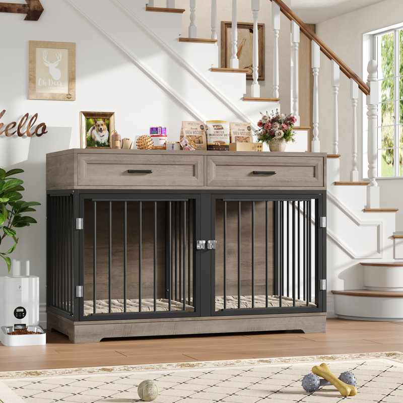 Grande caisse de style Chesterle avec 2 tiroirs et cloison pour chien, Gris